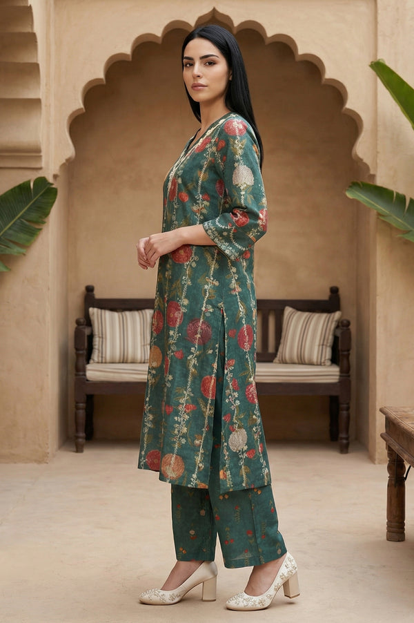 Green Floral Printed Straight Kurta with Flared Pants and Dupatta Set