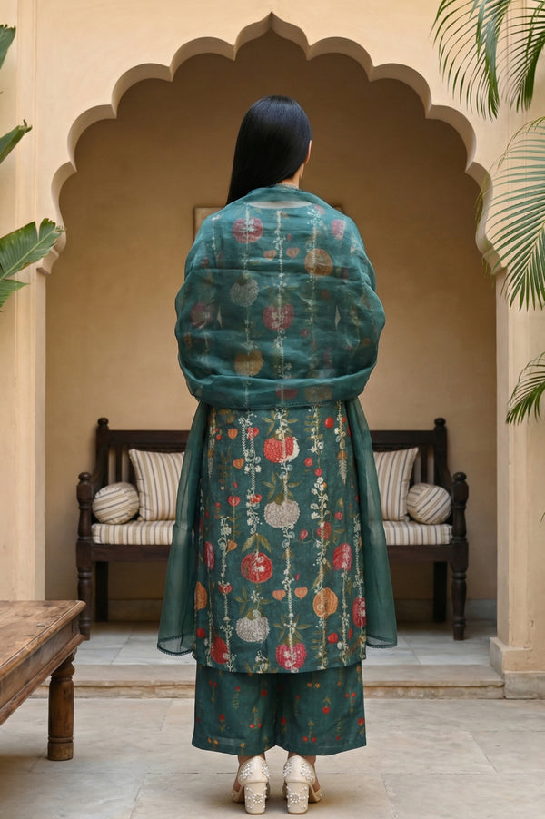Green Floral Printed Straight Kurta with Flared Pants and Dupatta Set