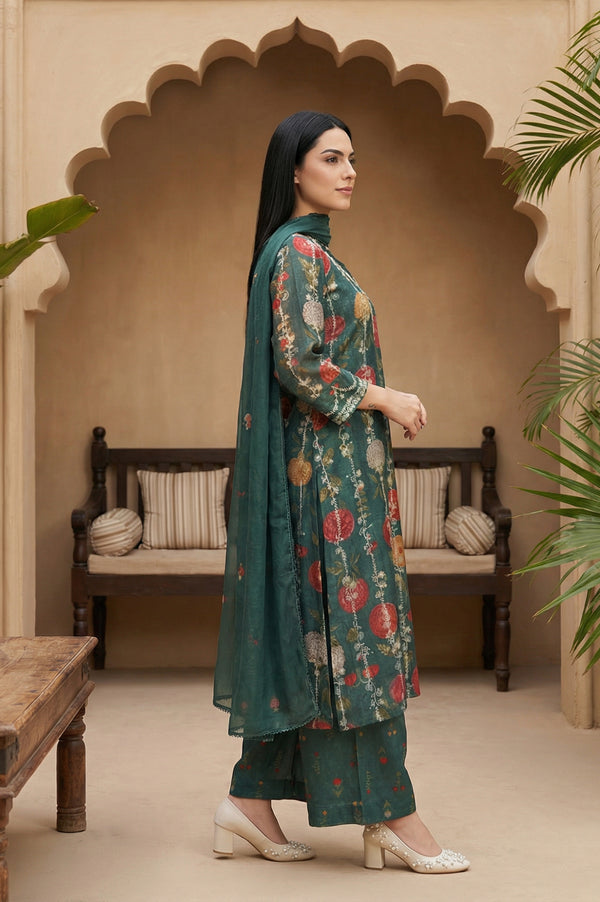 Green Floral Printed Straight Kurta with Flared Pants and Dupatta Set