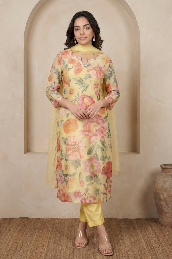 Yellow Floral Printed Beadwork Straight Kurta with Pants and Dupatta Set