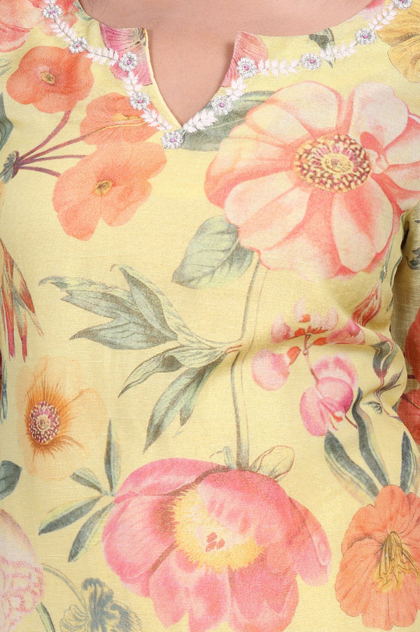 Yellow Floral Printed Beadwork Straight Kurta with Pants and Dupatta Set
