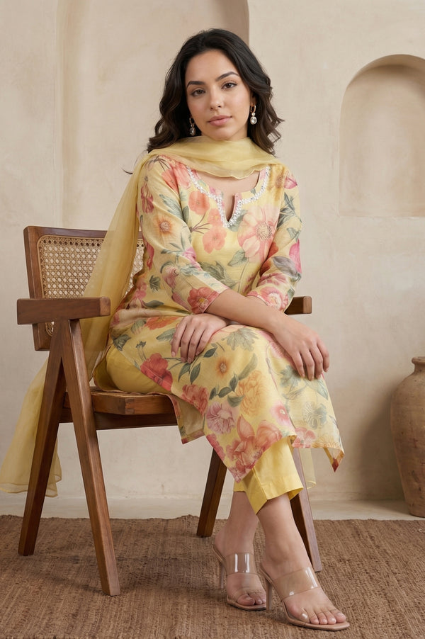 Yellow Floral Printed Beadwork Straight Kurta with Pants and Dupatta Set