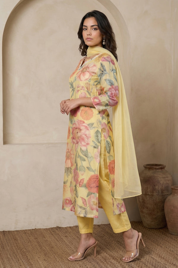 Yellow Floral Printed Beadwork Straight Kurta with Pants and Dupatta Set