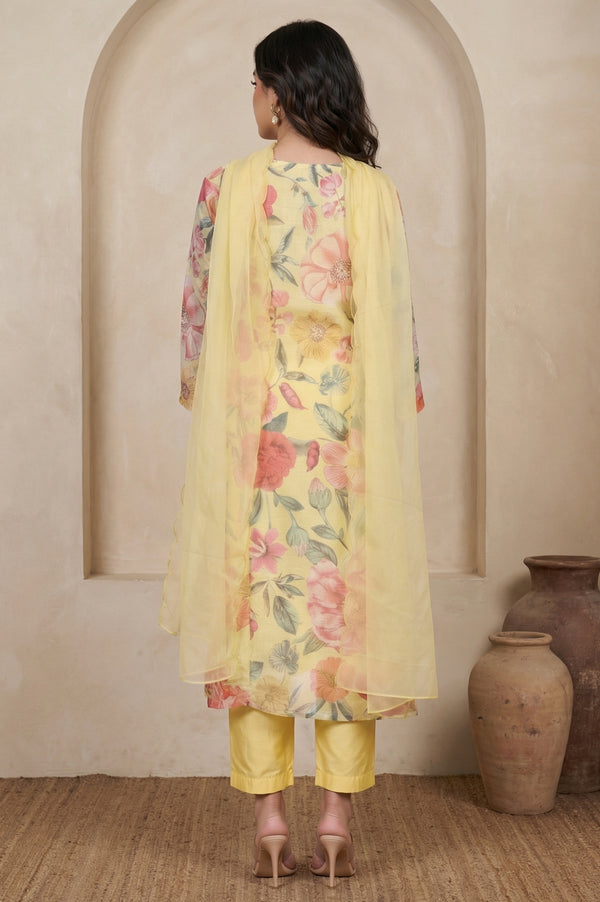 Yellow Floral Printed Beadwork Straight Kurta with Pants and Dupatta Set