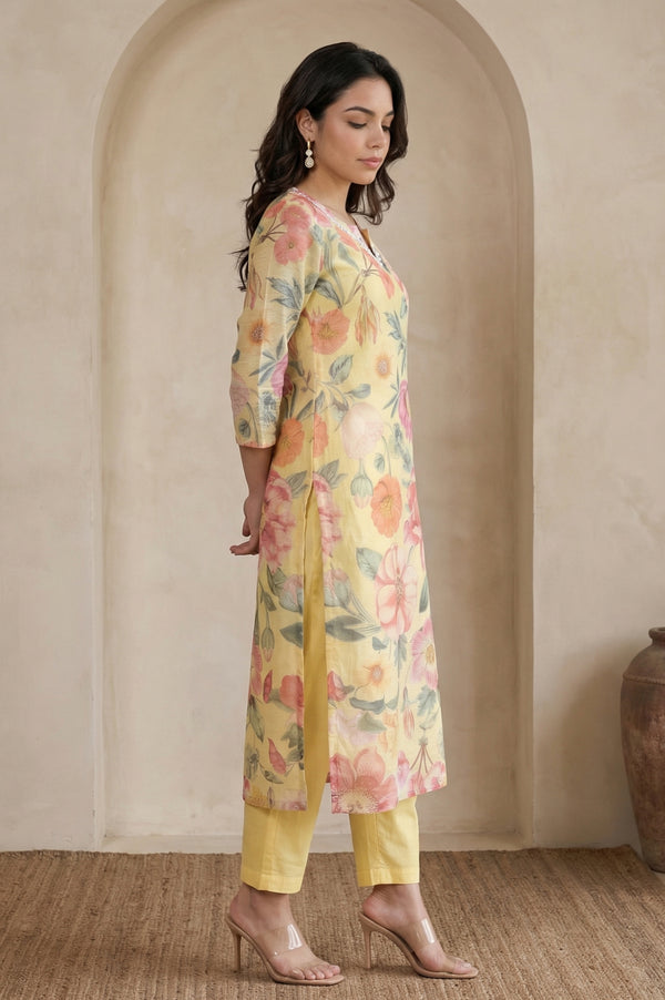 Yellow Floral Printed Beadwork Straight Kurta with Pants and Dupatta Set