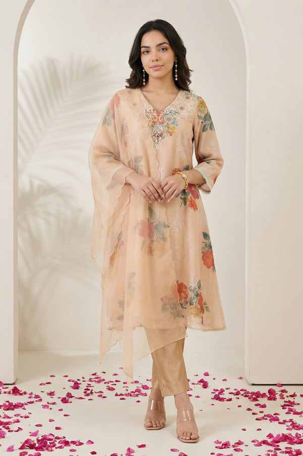 Peach Floral Printed Tissue Straight Kurta with Straight Pants and Dupatta Set