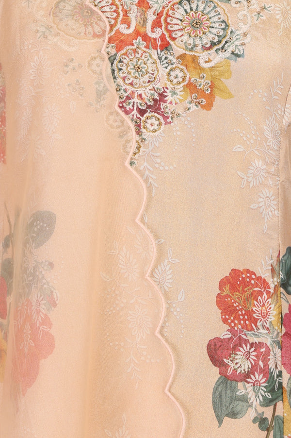 Peach Floral Printed Tissue Straight Kurta with Straight Pants and Dupatta Set
