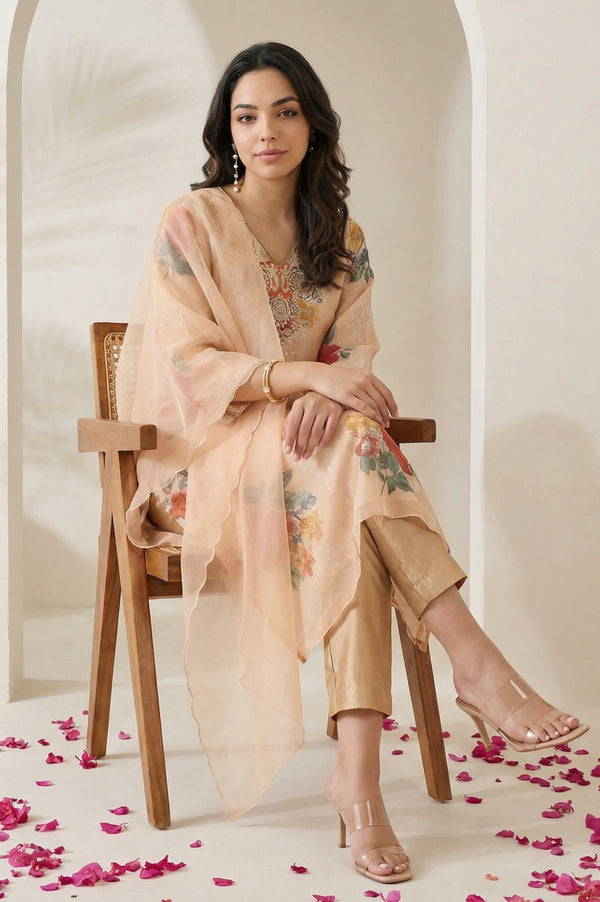 Peach Floral Printed Tissue Straight Kurta with Straight Pants and Dupatta Set