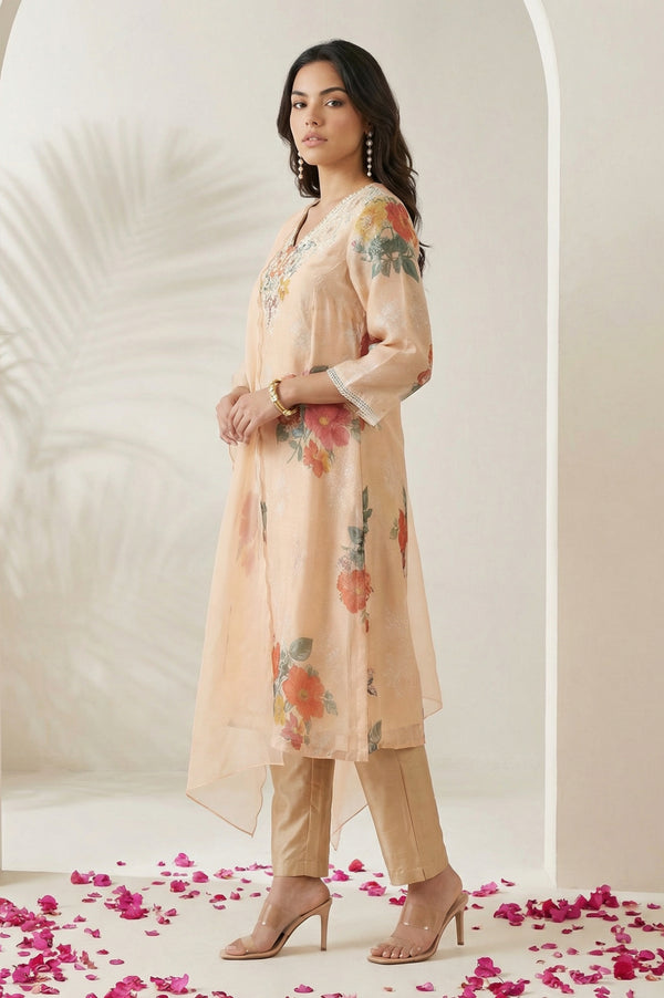 Peach Floral Printed Tissue Straight Kurta with Straight Pants and Dupatta Set