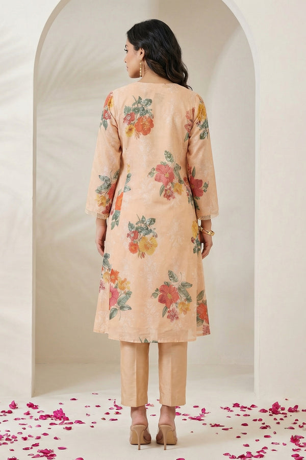 Peach Floral Printed Tissue Straight Kurta with Straight Pants and Dupatta Set