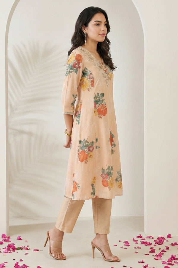 Peach Floral Printed Tissue Straight Kurta with Straight Pants and Dupatta Set