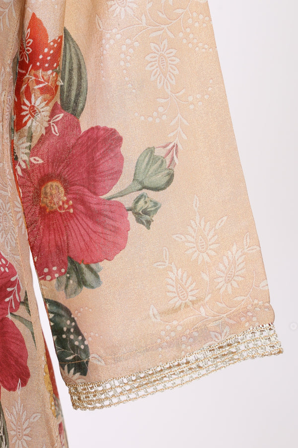 Peach Floral Printed Tissue Straight Kurta with Straight Pants and Dupatta Set