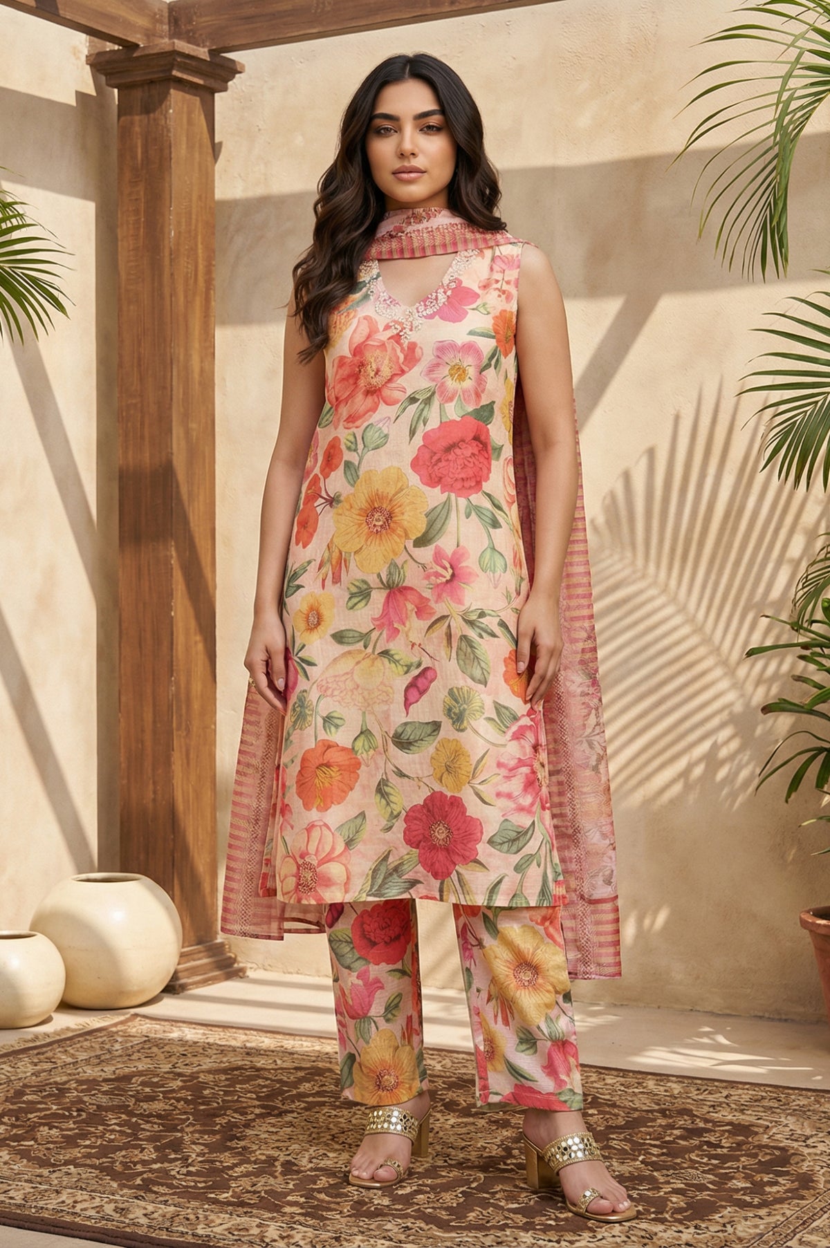Pink Floral Printed Straight Kurta with Pants and Dupatta Set - M