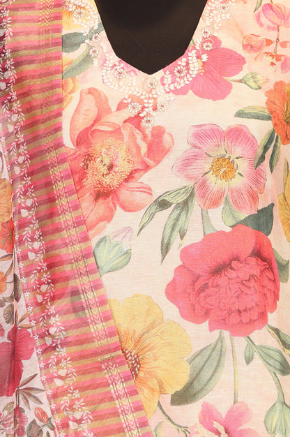 Pink Floral Printed Straight Kurta with Pants and Dupatta Set