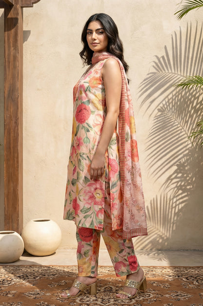 Pink Floral Printed Straight Kurta with Pants and Dupatta Set