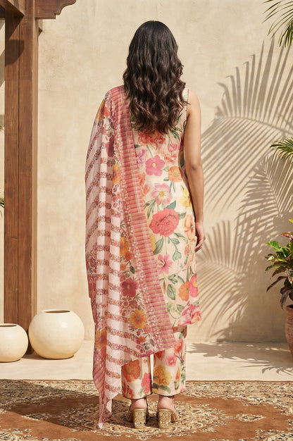 Pink Floral Printed Straight Kurta with Pants and Dupatta Set