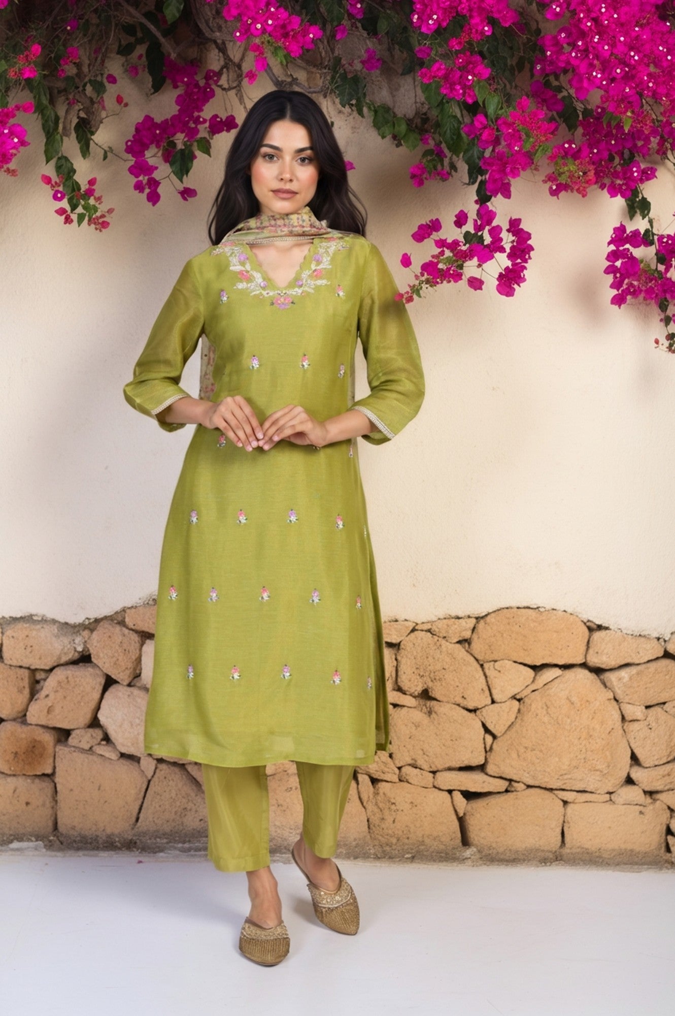 Green Floral Embroidered A-Line Tissue Kurta with Straight Pant and Dupatta Set
