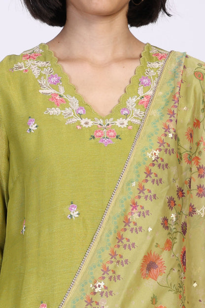 Green Floral Embroidered A-Line Tissue Kurta with Straight Pant and Dupatta Set