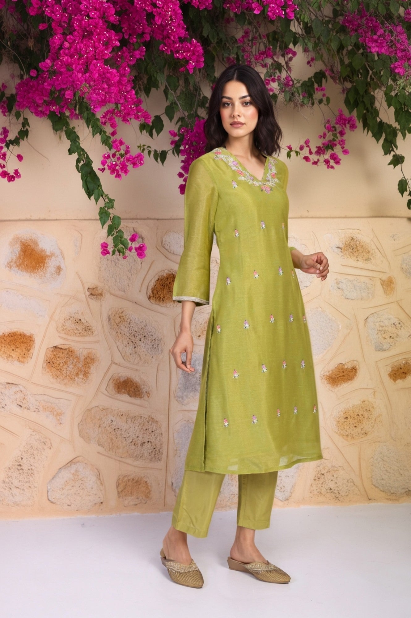 Green Floral Embroidered A-Line Tissue Kurta with Straight Pant and Dupatta Set