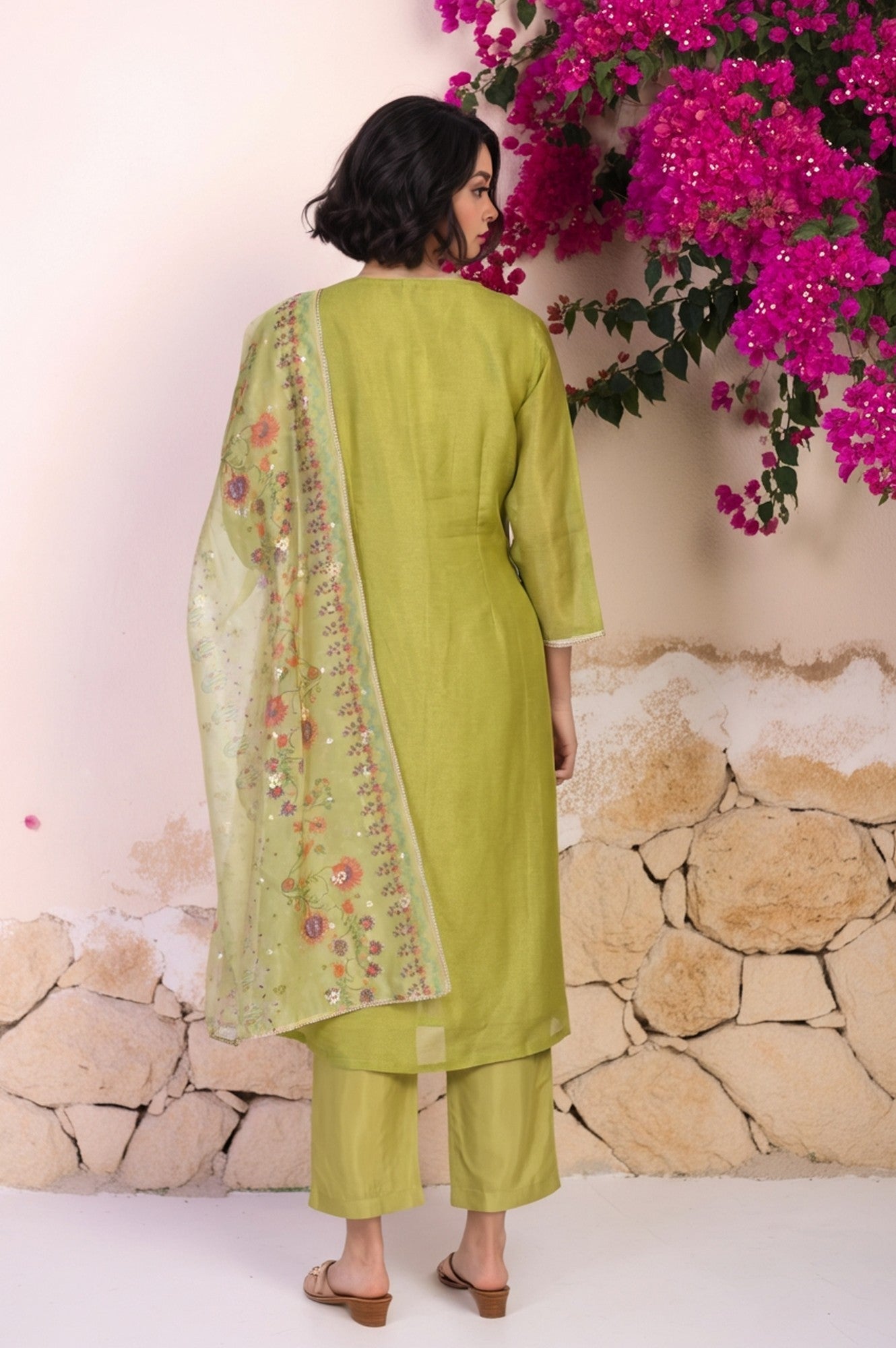 Green Floral Embroidered A-Line Tissue Kurta with Straight Pant and Dupatta Set