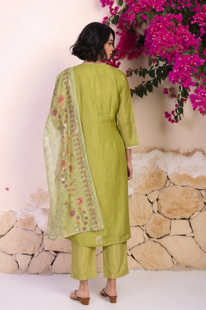 Green Floral Embroidered A-Line Tissue Kurta with Straight Pant and Dupatta Set