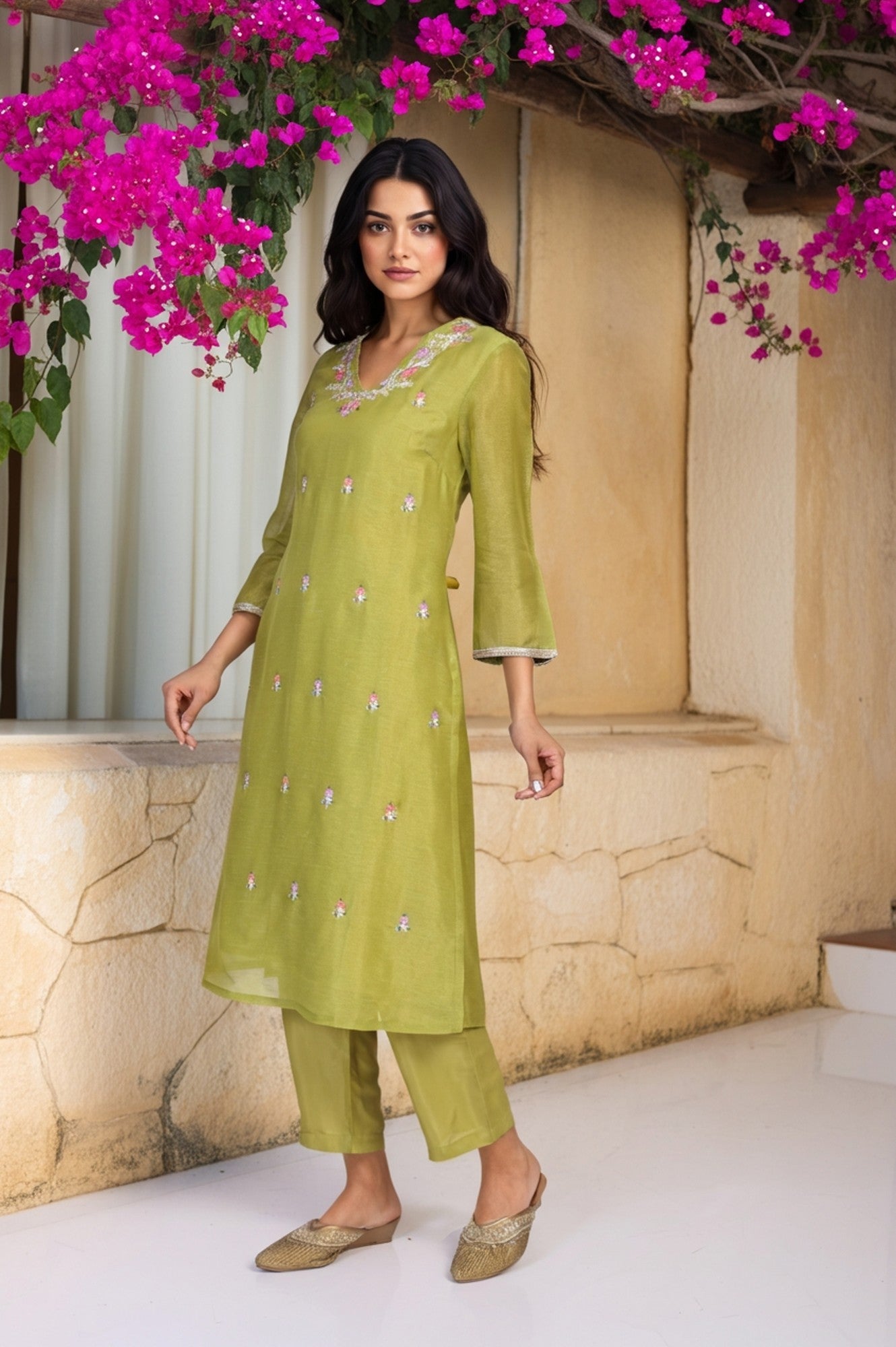 Green Floral Embroidered A-Line Tissue Kurta with Straight Pant and Dupatta Set