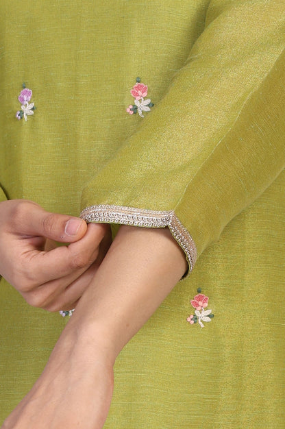 Green Floral Embroidered A-Line Tissue Kurta with Straight Pant and Dupatta Set