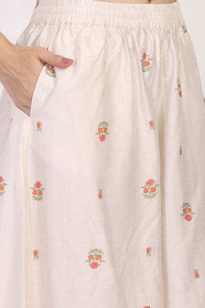 Off-White Floral Printed Lace Trim Straight Chiffon Kurta with Inner, Flared Pant and Dupatta Set