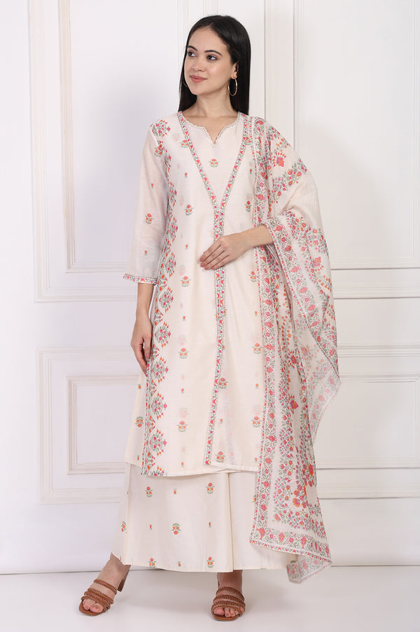 Off-White Floral Printed Lace Trim Straight Chiffon Kurta with Inner, Flared Pant and Dupatta Set
