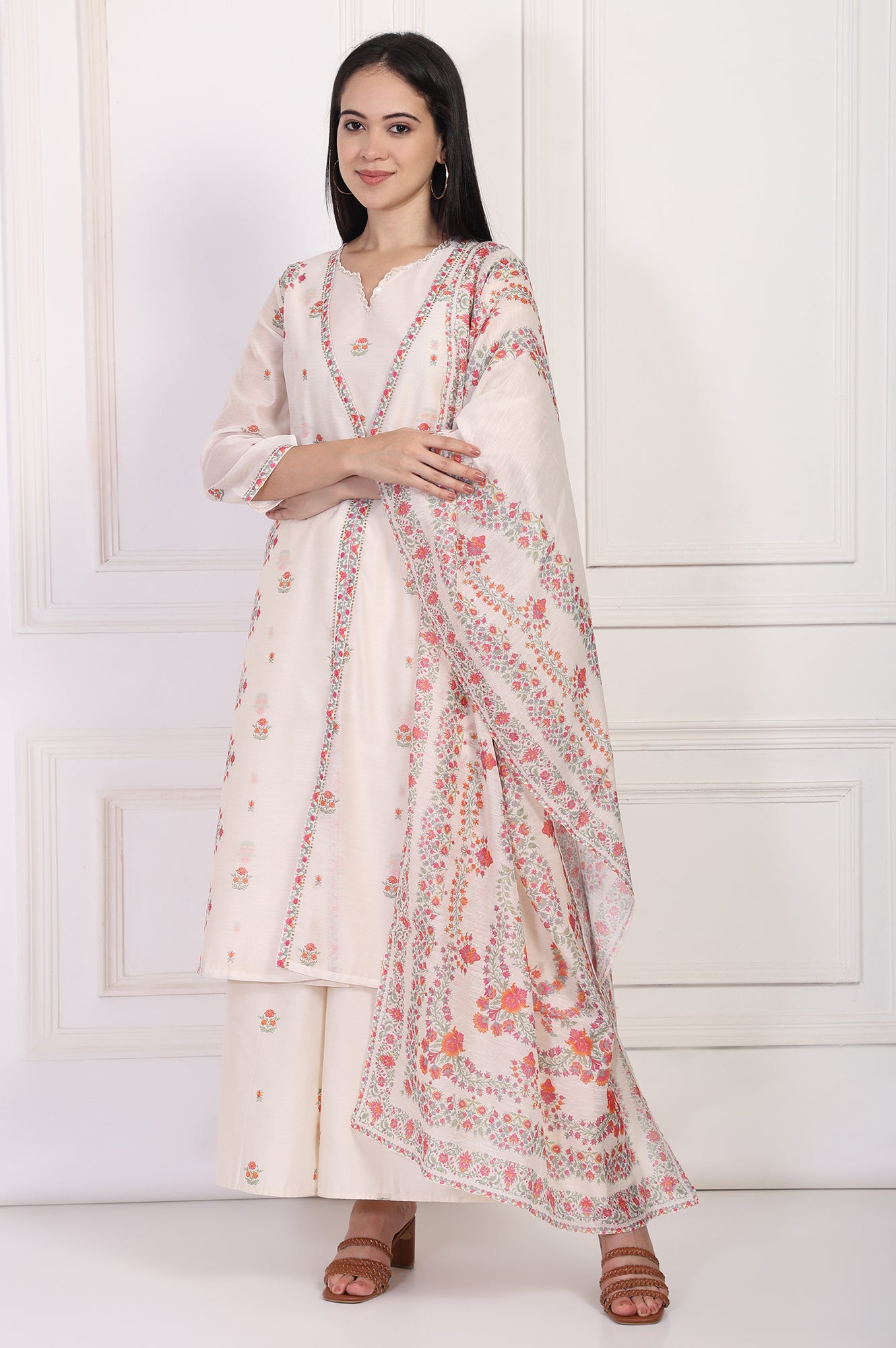 Off-White Floral Printed Lace Trim Straight Chiffon Kurta with Inner, Flared Pant and Dupatta Set