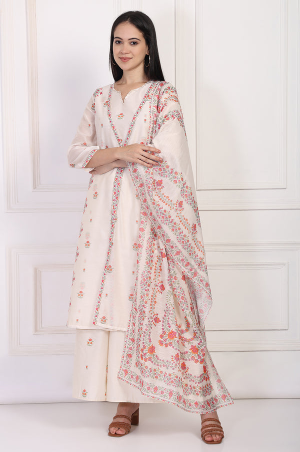 Off-White Floral Printed Lace Trim Straight Chiffon Kurta with Inner, Flared Pant and Dupatta Set