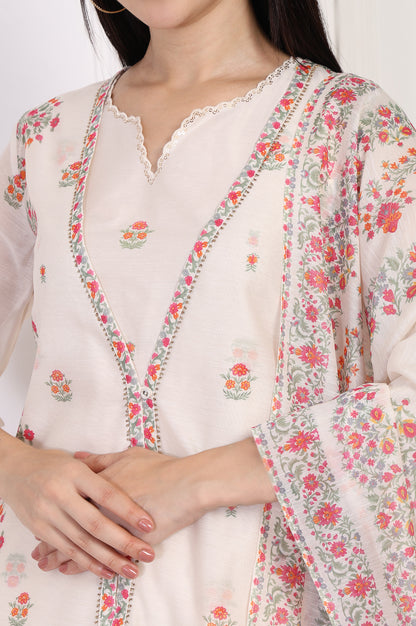 Off-White Floral Printed Lace Trim Straight Chiffon Kurta with Inner, Flared Pant and Dupatta Set