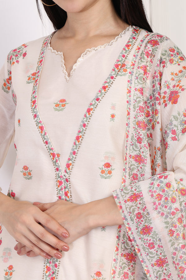 Off-White Floral Printed Lace Trim Straight Chiffon Kurta with Inner, Flared Pant and Dupatta Set