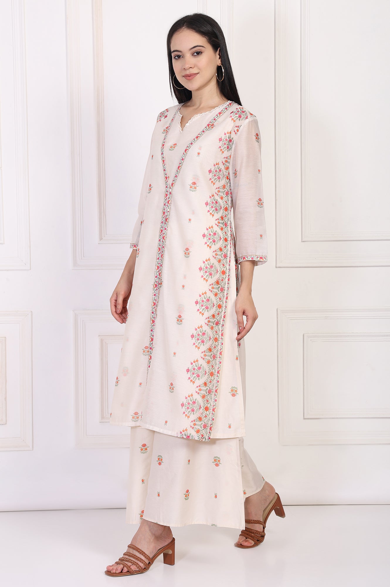 Off-White Floral Printed Lace Trim Straight Chiffon Kurta with Inner, Flared Pant and Dupatta Set