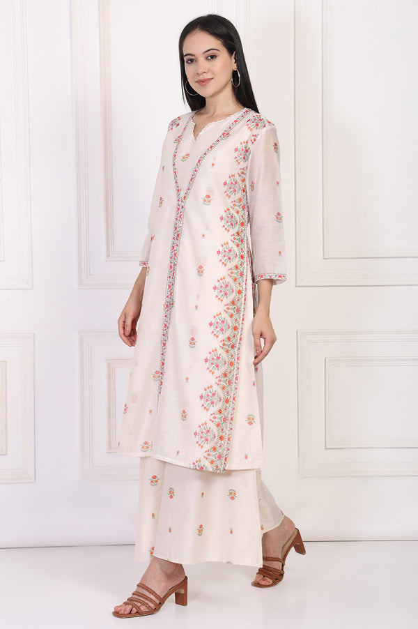 Off-White Floral Printed Lace Trim Straight Chiffon Kurta with Inner, Flared Pant and Dupatta Set