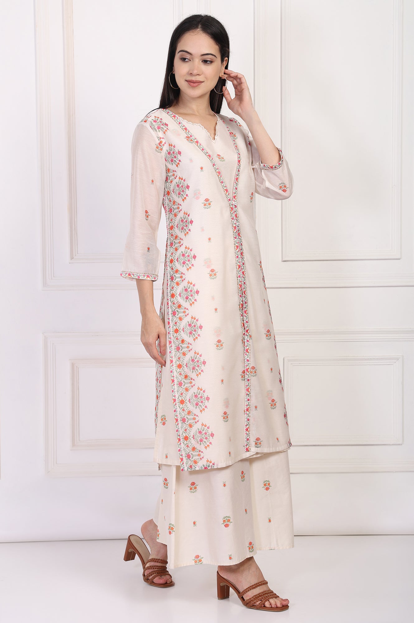 Off-White Floral Printed Lace Trim Straight Chiffon Kurta with Inner, Flared Pant and Dupatta Set