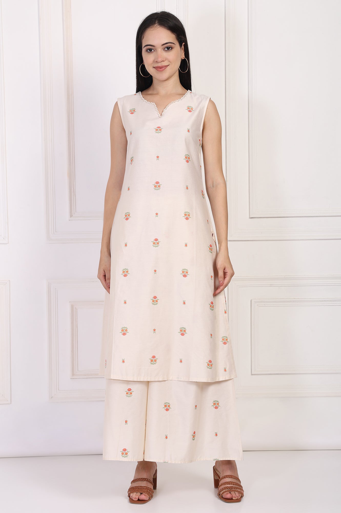 Off-White Floral Printed Lace Trim Straight Chiffon Kurta with Inner, Flared Pant and Dupatta Set