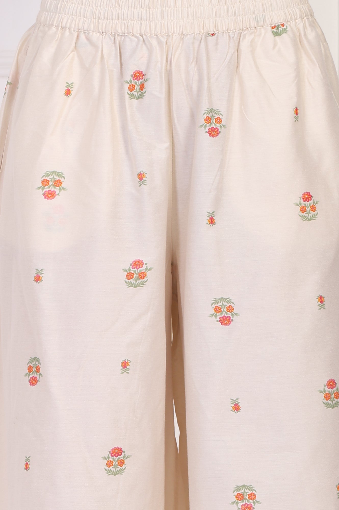 Off-White Floral Printed Lace Trim Straight Chiffon Kurta with Inner, Flared Pant and Dupatta Set