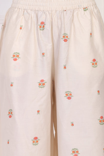 Off-White Floral Printed Lace Trim Straight Chiffon Kurta with Inner, Flared Pant and Dupatta Set