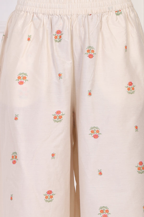 Off-White Floral Printed Lace Trim Straight Chiffon Kurta with Inner, Flared Pant and Dupatta Set