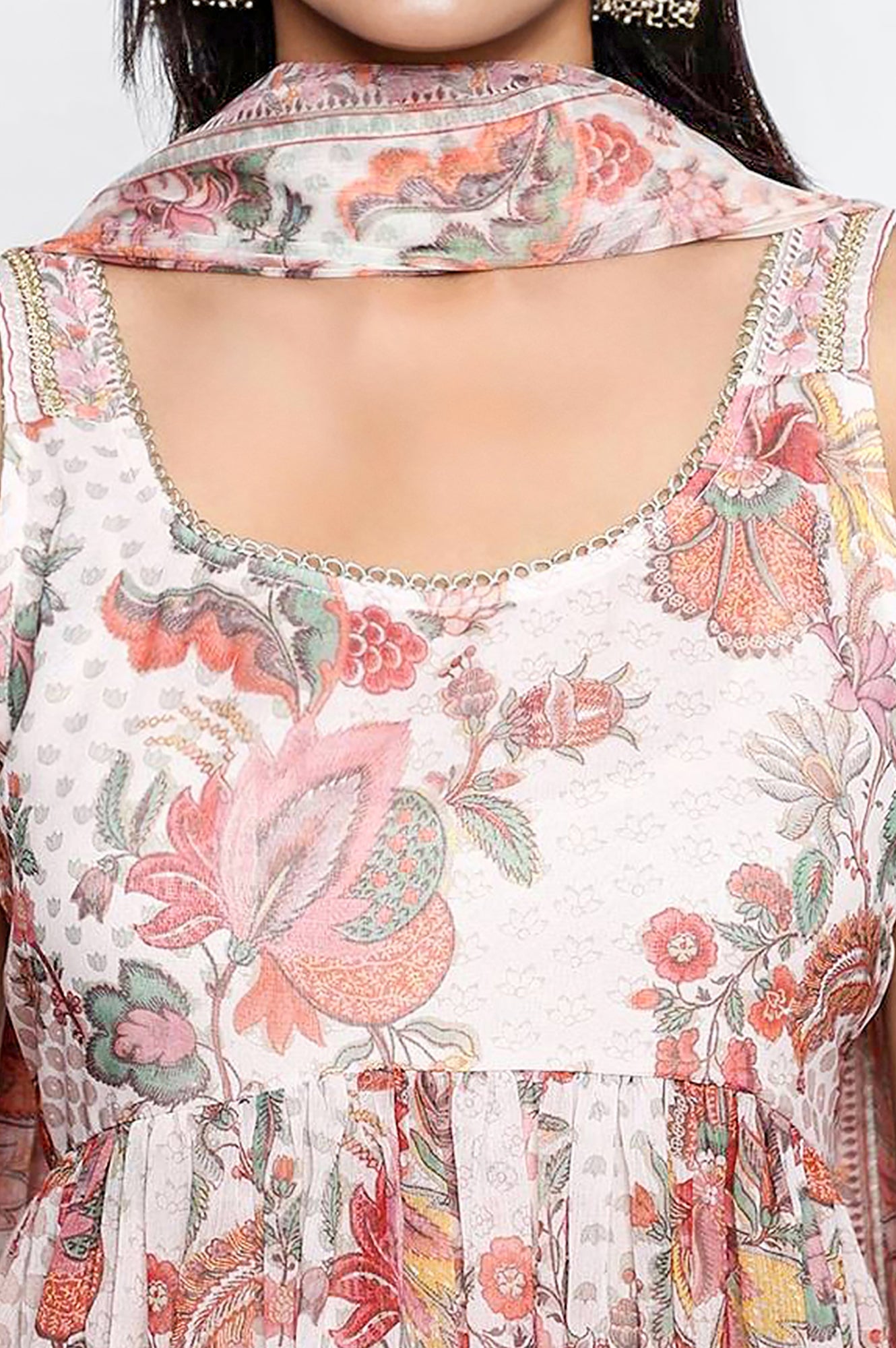 White Floral Printed Thread Work Flared Chiffon Kurta with Palazzo and Dupatta Set