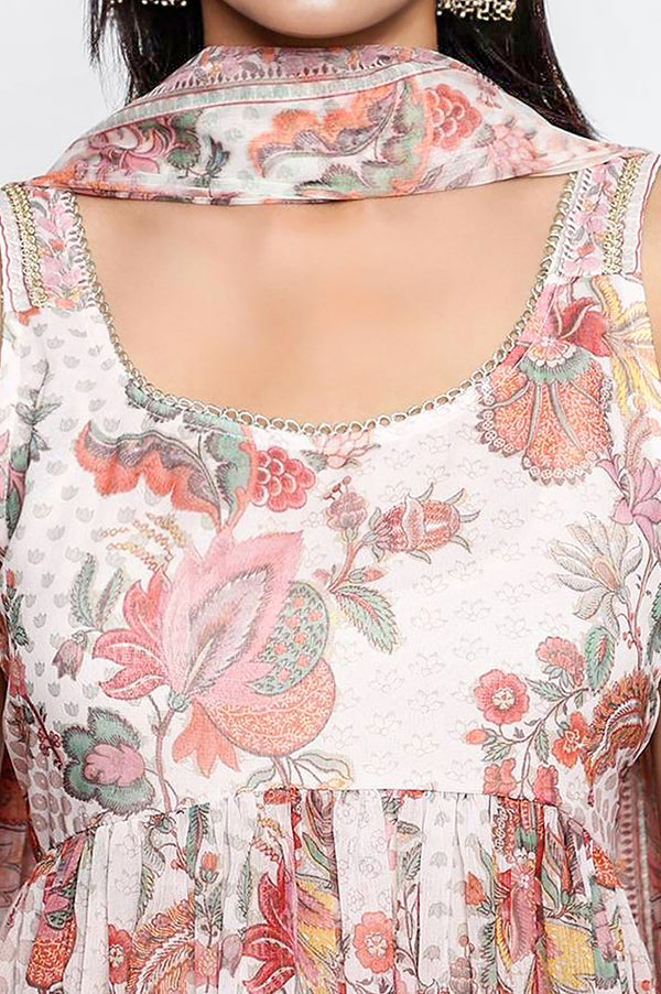 White Floral Printed Thread Work Flared Chiffon Kurta with Palazzo and Dupatta Set