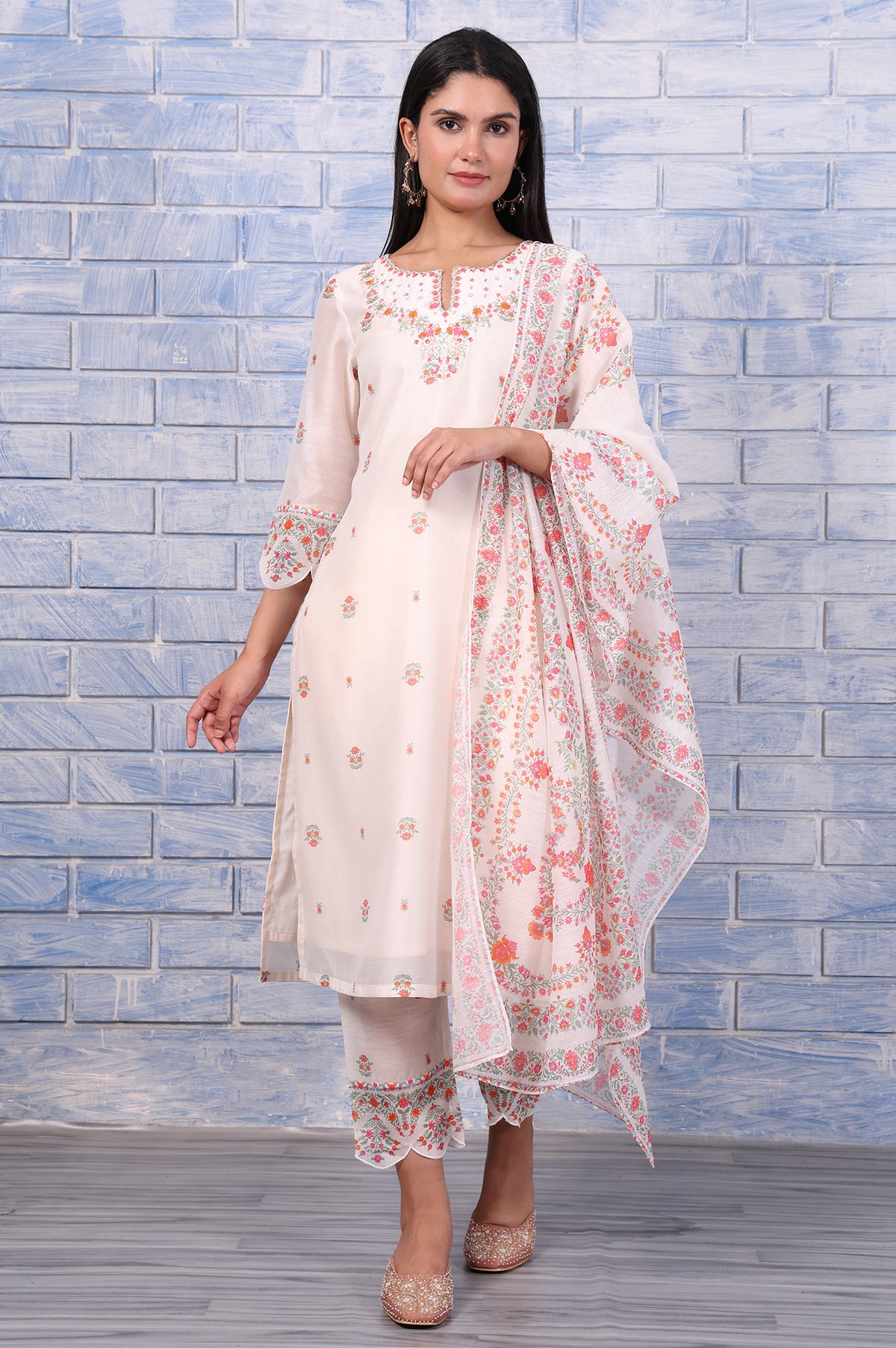 White Floral Printed Thread Embroidered Chanderi A-Line Kurta, Straight Pant And Dupatta Set - L