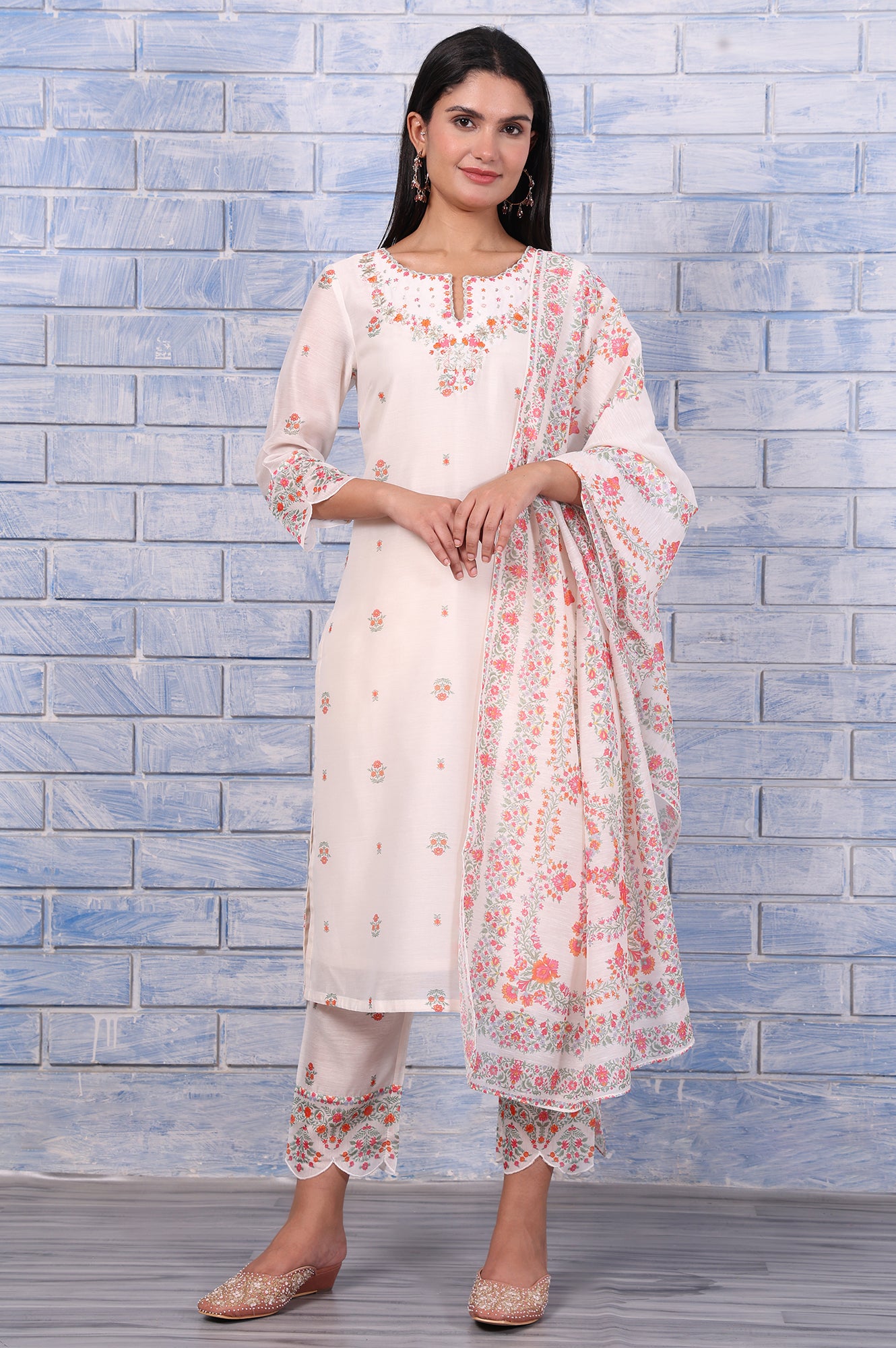 White Floral Printed Thread Embroidered Chanderi A-Line Kurta, Straight Pant And Dupatta Set