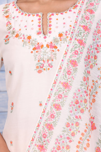 White Floral Printed Thread Embroidered Chanderi A-Line Kurta, Straight Pant And Dupatta Set