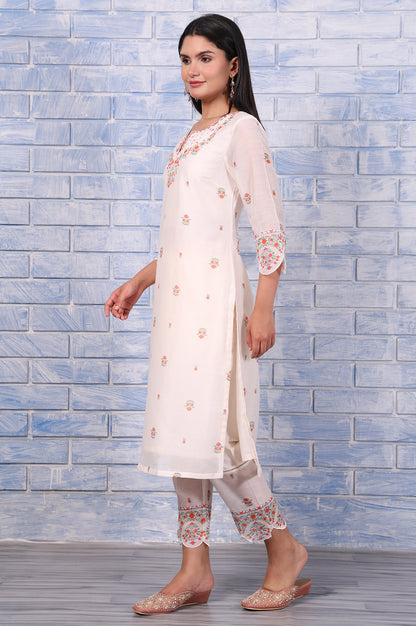 White Floral Printed Thread Embroidered Chanderi A-Line Kurta, Straight Pant And Dupatta Set