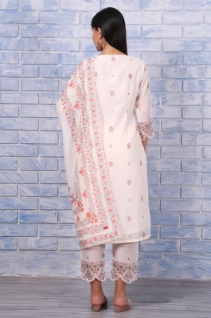 White Floral Printed Thread Embroidered Chanderi A-Line Kurta, Straight Pant And Dupatta Set