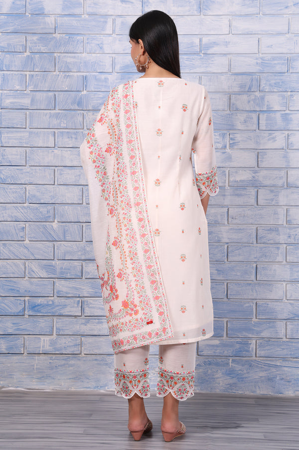 White Floral Printed Thread Embroidered Chanderi A-Line Kurta, Straight Pant And Dupatta Set