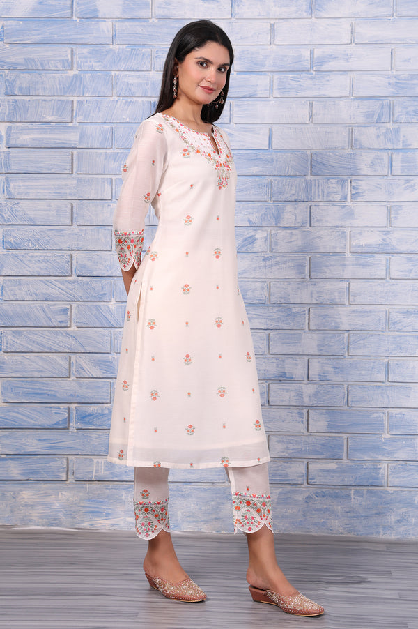 White Floral Printed Thread Embroidered Chanderi A-Line Kurta, Straight Pant And Dupatta Set