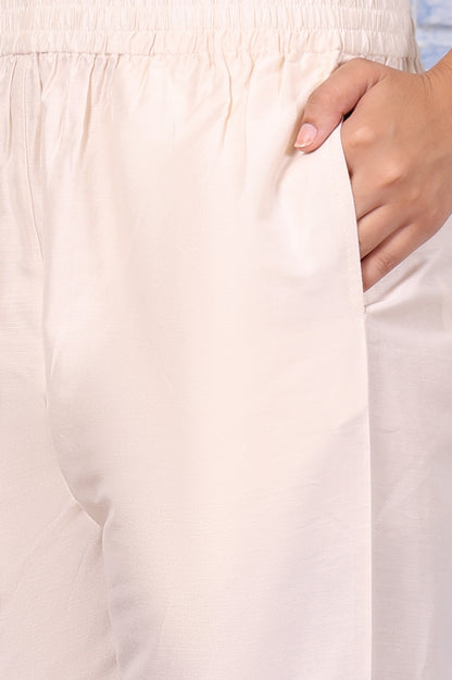 White Floral Printed Thread Embroidered Chanderi A-Line Kurta, Straight Pant And Dupatta Set